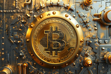Gold bitcoin symbol on the background of the printed circuit board