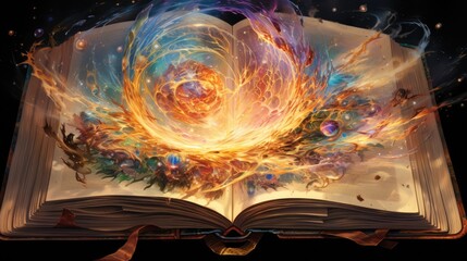 a photography fantasy Wizard’s spell book open creating the symbolic form of a multicolored spell