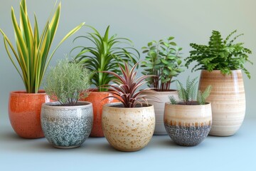 Fototapeta premium Ceramic flowerpots designed with a modern sensibility, accentuated by a thoughtfully chosen background for a refined display.