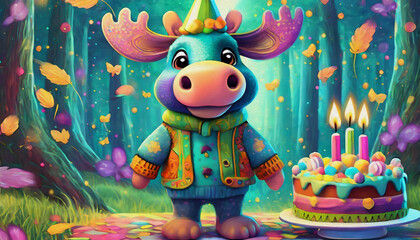 Fototapeta premium oil painting style cartoon character Pattern of multicolored happy baby Moose, with birthday cake