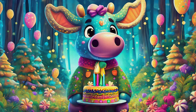  oil painting style cartoon character Pattern of multicolored happy baby Moose, with birthday cake