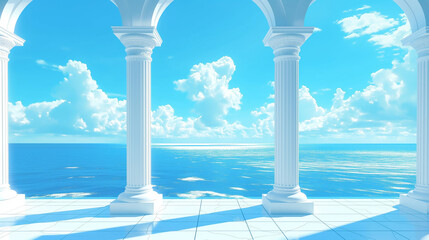 white architecture columns overlooking the ocean, sky and clouds with copy space, vacation and travel concept