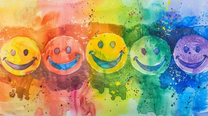 Colorful watercolor painting of smiling emoticons