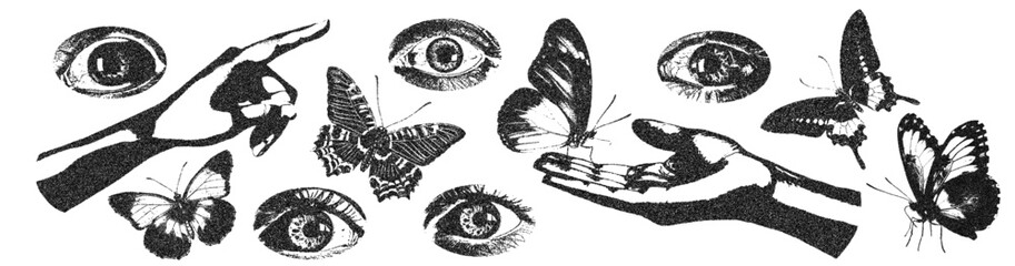 Eyes, butterflies and hands with monochrome vintage photocopy effect, y2k collage design. Stipple halftone retro design elements. Vector illustration for grunge punk surreal poster