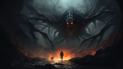 a illustration giant monster spider is confronting someone in the dark