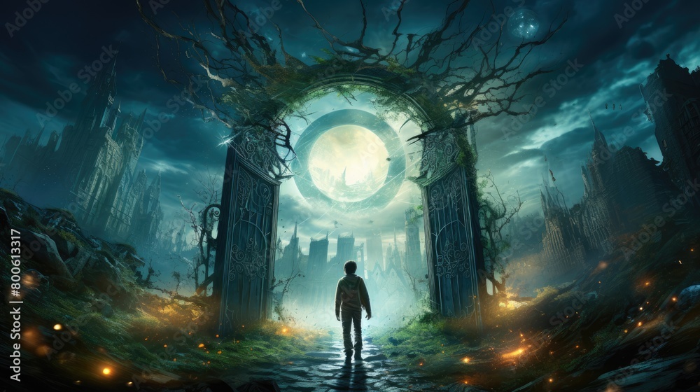 Wall mural a illustration epic scene from a young adult fantasy. a 15 years old very handsome boy with a vintage steam punk look fleeing from a magic and mystical gate