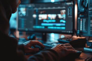 Close-up of a filmmaker editing video footage, focusing on the hands and the computer screen, in a dimly lit room 