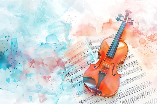 watercolor violin and notes sheet, style of grunge, musical instrument concept, music concert lover background, card frame with copy space.