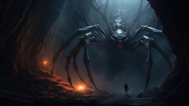 a image giant monster spider is confronting someone in the dark
