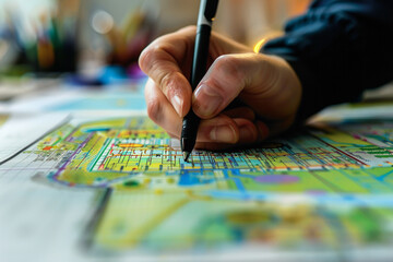 Close-up of a hand designing a chart on the impact of sustainable technologies in emerging economies  