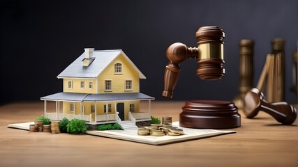 Judge real estate and auction concepts. House model and law hammer. law pertaining to real estate. profits and taxes paid on real estate and house purchases. AI generative.