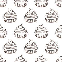 Pastry, sweet bakery seamless pattern cupcakes.