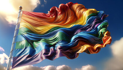 the rainbow flag waving in the wind in a clear day. Symbol of lesbian, gay, bisexual, transgender (LGBT) and queer pride and LGBT social movements. Pride month
