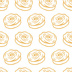 Pastry, sweet bakery seamless pattern donuts.