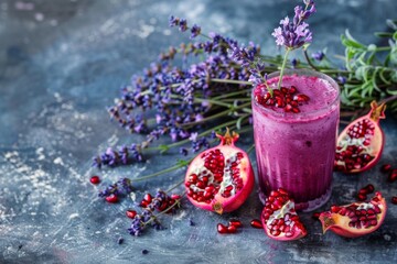 Purple smoothie with pomegranate seeds and lavender flowers in a glass on table