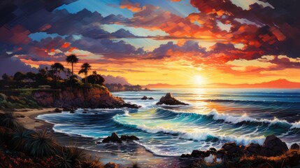Obraz premium A picture Vibrant Ink Oil Painting, small seaside town with a fountain, trees, beach, waves, white water, ocean, sunset, clouds, hyper detailed, cinematic lighting, long shadows, saturated contrast