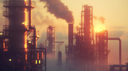 Obraz premium Smoke Rises From Stacks At An Industrial Refinery As The Sun Rises, Highlighting Environmental Impact