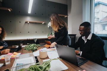 A multiracial group of young business professionals collaboratively working on a project with...