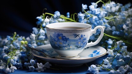 A illustration tea made of forget me not flowers, soothing, food photography, blue porcelain cup, delicate, morning light