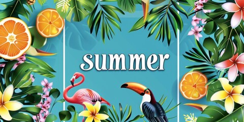 Summer banner with tropical flowers, leaves and birds on blue background The text " summer" is written in the center of the frame Generative AI