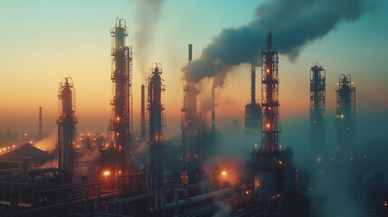 Fototapeta premium An Industrial Refinery Operates At Dusk, Emissions Filling The Sky With A Warm Glow