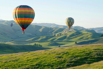 Obraz premium Balloons gently rising against a backdrop of rolling hills.