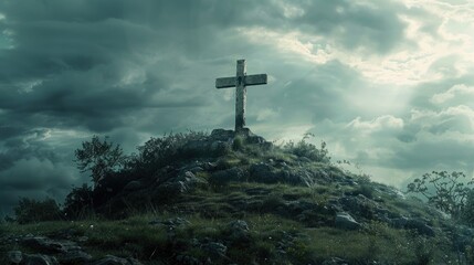 Large stone cross on top of a hill. AI generative.