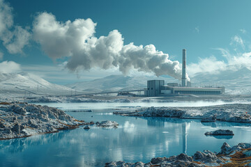 A geothermal power plant harnessing the Earth's heat to produce electricity. Concept of geothermal energy utilization. Generative Ai.