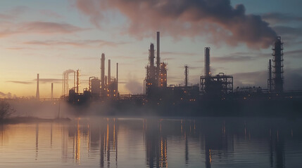 Fototapeta na wymiar Reflective Waterfront Industrial Scene Softened By Twilight Mist