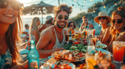 Summer party feast - friends enjoying outdoor dinner. Group of joyful friends sharing a laughter-filled dinner at a festively decorated table during a vibrant summer evening gathering.