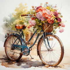 Fototapeta na wymiar Watercolor painting of a womans bicycle with a basket of flowers and colorful flowers, clipart Illustration, Generative Ai