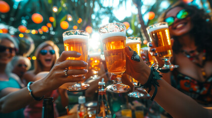 Tropical party cheers - friends toasting with beer. Joyful friends raising glasses in a festive toast during a tropical beach party.