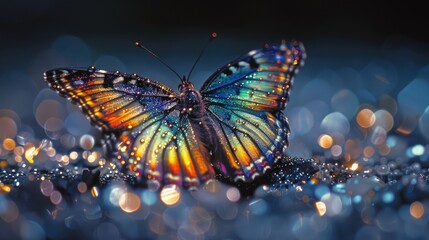 a illustration butterfly sitting on a white surface with glitter covering it, in the style of luminous and dream like scenes