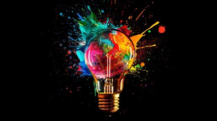 Explore a burst of creativity as a light bulb explodes with colorful paint and splashes against a black background. This concept embodies thinking differently and creative ideas.