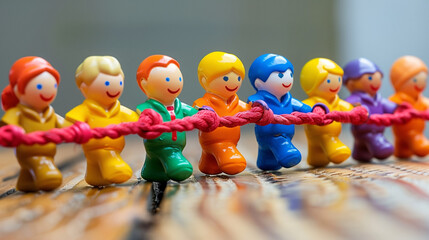 Line of miniature plastic figures engaged in a tug of war match on a wooden surface, reflecting teamwork and competition. The importance of working together towards a common goal. 