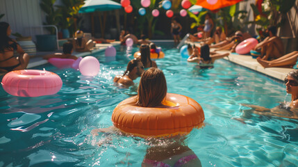 Summer pool party vibes with friends. Group of joyful friends gather to enjoy a beautiful summer day. 