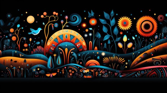 A vector featuring a colorful circular composition of animals, flowers, and small shapes in the style of irregular organic forms inspired by the traditional oceanic art