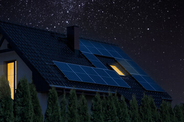Eco-Friendly House Under Starry Sky. Night.