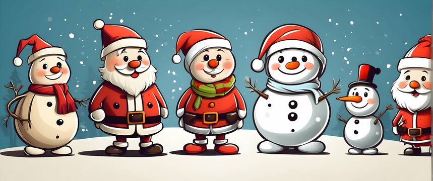 A cheerful wintery scene with variations of Santa Claus and snowmen lined up, evoking holiday joy
