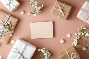 Elegant card mockup soft shadows minimalistic decor surrounded by subtle birthday gifts 