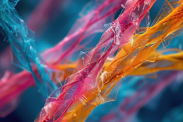 Macro image of a colored rope under a microscope. Horizontal macro background. Generated by artificial intelligence - Powered by Adobe