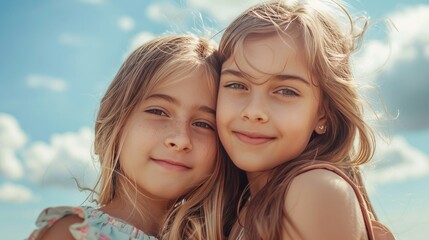 Lovable caucasian girls expressing positive emotions to camera. Outdoor photo of refined sisters posing on sky background.
