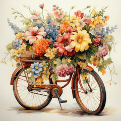 Fototapeta premium Watercolor painting of a womans bicycle with a basket of flowers and colorful flowers, clipart Illustration, Generative Ai
