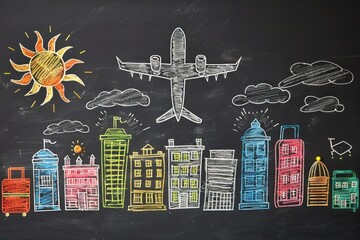 Chalk drawing on a board of travel symbols such as airplane, suitcase, houses and landmarks.