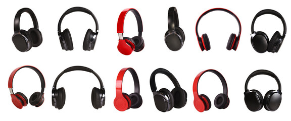 A set of three-dimensional wireless headphones in red and black on a white isolated background