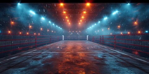 unoccupied boxing ring stage illuminated with brilliant lights, accompanied by rain falling steadily.