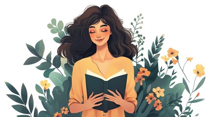 Simple cartoon illustration of young woman holding book in hand
