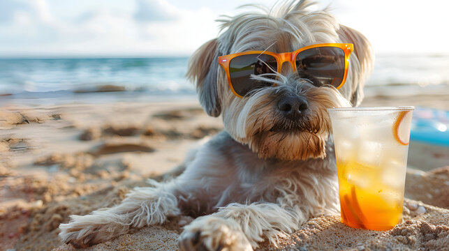 Dandie Dinmont Terrier Dog Enjoying a Sunny Beach Day, Wearing Sunglasses and Laying on the Sand for Summer Vacations