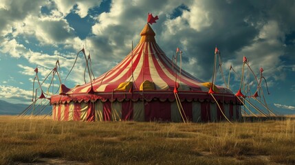 Vintage circus tent in an open field with dramatic clouds