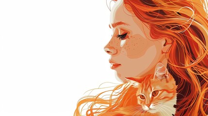 Illustration of preety young girl holding ginger red cat in arms